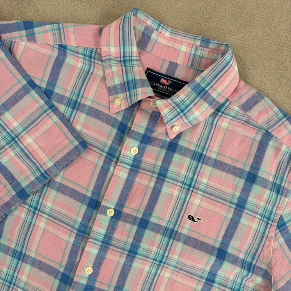Vineyard Vines Whale Shirt in Pink Blue Plaid Linen Blend Men XL Short Sleeve